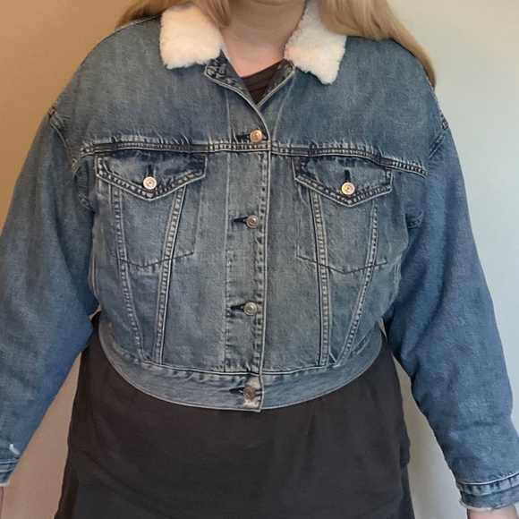 American Eagle Womens Denim jacket faux Sherpa collar and lined size XL - Picture 7 of 9